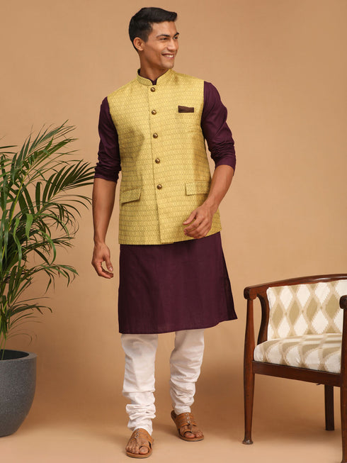 Vastramay Men's Yellow Jacquard Nehru Jacket with Kurta Pyjama Set